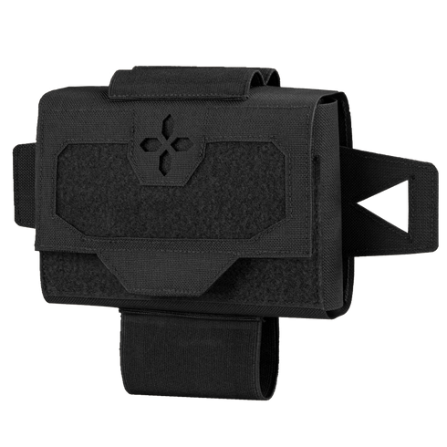 The Condor Micro TK Pouch Gen II is a black tactical pouch with a flap closure, Velcro panel, and side straps, designed for use with military gear or on a belt.