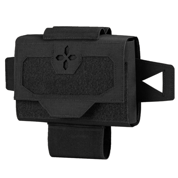 The Condor Micro TK Pouch Gen II is a black tactical pouch with a flap closure, Velcro panel, and side straps, designed for use with military gear or on a belt.