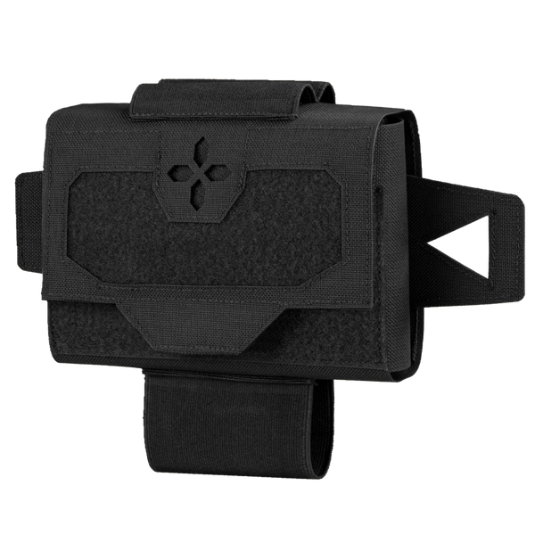 The Condor Micro TK Pouch Gen II is a black tactical pouch with a flap closure, Velcro panel, and side straps, designed for use with military gear or on a belt.