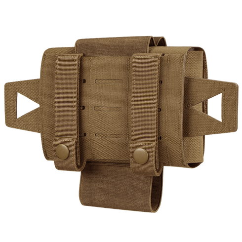 The Condor Micro TK Pouch Gen II is a tan military tactical belt pouch with MOLLE straps, snap buttons, and a main compartment for attachment to gear or backpacks.