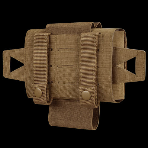 The Condor Micro TK Pouch Gen II is a tan military tactical belt pouch with MOLLE straps, snap buttons, and a main compartment for attachment to gear or backpacks.