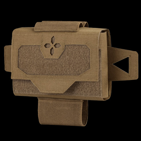The Condor Micro TK Pouch Gen II is a brown tactical pouch with a Velcro flap, MOLLE-compatible straps, and a front patch with a decorative cutout—designed for Military or First Responder use.