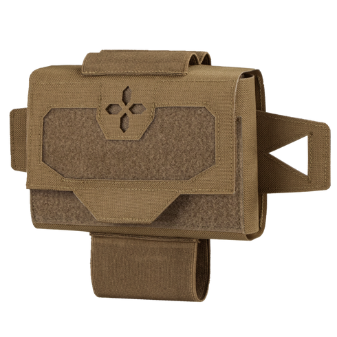The Condor Micro TK Pouch Gen II is a brown tactical pouch with a Velcro flap, MOLLE-compatible straps, and a front patch with a decorative cutout—designed for Military or First Responder use.