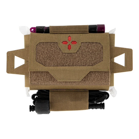 The Condor Micro TK Pouch Gen II is a tan tactical pouch with a hook-and-loop closure, red medical cross, elastic side straps, and partially visible medical supplies at the top and bottom.