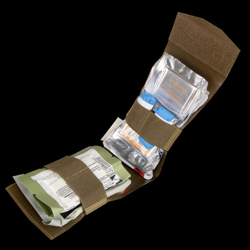 The Condor Micro TK Pouch Gen II is a compact, tactical first aid kit pouch that opens to reveal medical supplies neatly organized with elastic straps and Velcro.