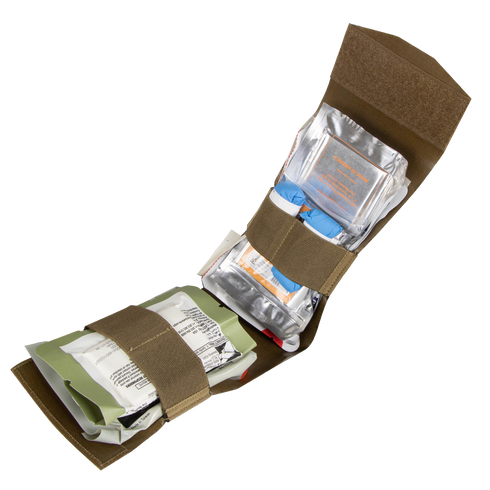 The Condor Micro TK Pouch Gen II is a compact, tactical first aid kit pouch that opens to reveal medical supplies neatly organized with elastic straps and Velcro.
