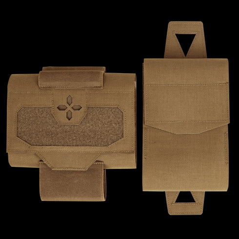 Two tan Condor Micro TK Pouch Gen II pouches, made of durable fabric, are shown front and back, each featuring Velcro flaps and loop attachments—ideal for military or law enforcement use.