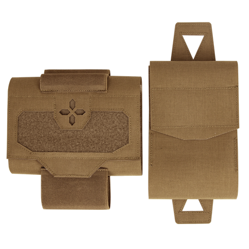 Two tan Condor Micro TK Pouch Gen II pouches, made of durable fabric, are shown front and back, each featuring Velcro flaps and loop attachments—ideal for military or law enforcement use.