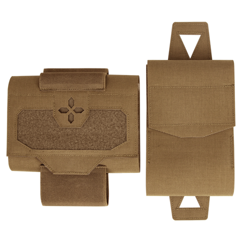 Two tan Condor Micro TK Pouch Gen II pouches, made of durable fabric, are shown front and back, each featuring Velcro flaps and loop attachments—ideal for military or law enforcement use.