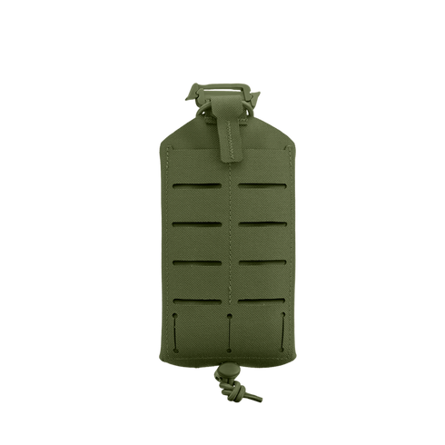 The Condor LACE Phone Pouch, in olive green, features laser-cut slots, a top buckle closure, and a bottom drawstring. It's shown against a plain white background.