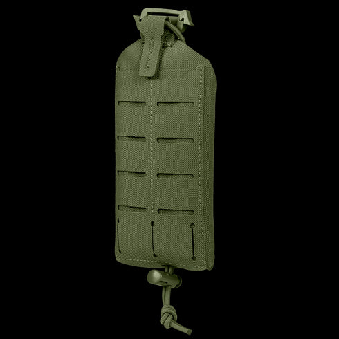 The Condor LACE Phone Pouch is an olive green tactical pouch with MOLLE webbing, a top buckle closure, and a bottom drawstring, designed to attach securely to gear or backpacks.