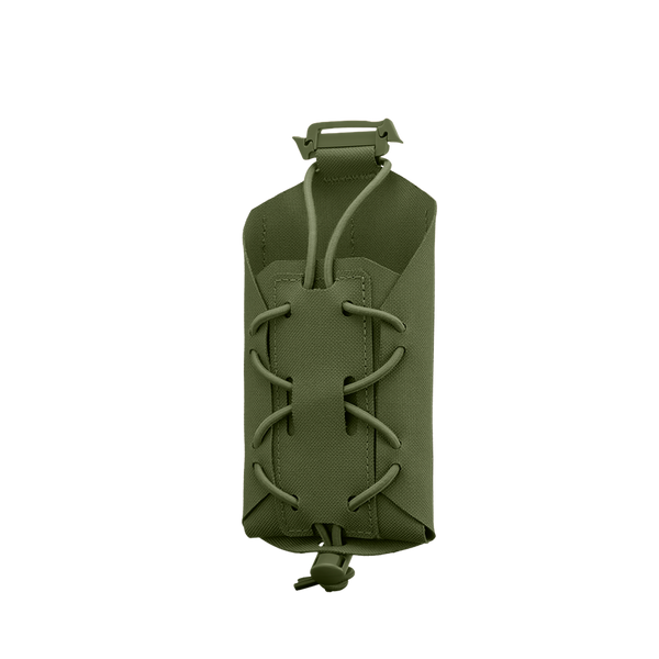 The Condor LACE Phone Pouch in olive green features a front laced bungee cord and top clip, perfect for carrying your phone, small gear, or magazines.