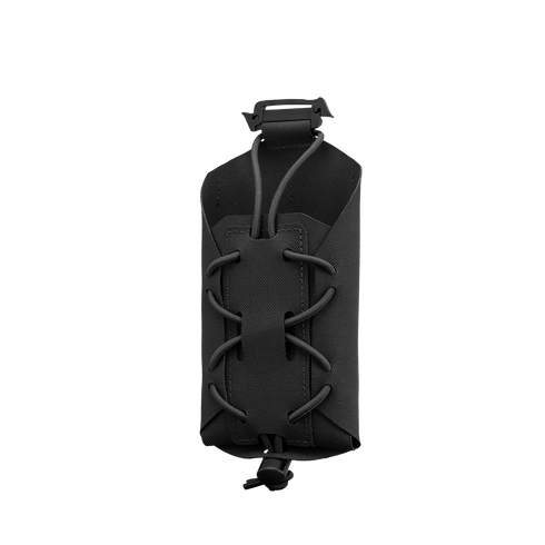 The Condor LACE Phone Pouch is a black tactical pouch with a bungee cord closure and top clip, designed for modular gear attachment.