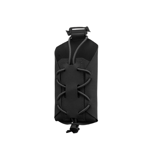 The Condor LACE Phone Pouch is a black tactical pouch featuring adjustable bungee cord lacing on the front and a buckled top strap, designed for secure phone storage and easy gear attachment.