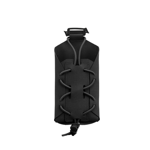 The Condor LACE Phone Pouch is a black tactical pouch with adjustable bungee cord and clip, ideal for carrying gear or accessories. Shown against a plain white background.