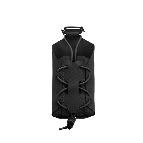 The Condor LACE Phone Pouch is a black tactical pouch featuring adjustable shock cord lacing on the front and a top buckle, designed for carrying small gear or accessories.