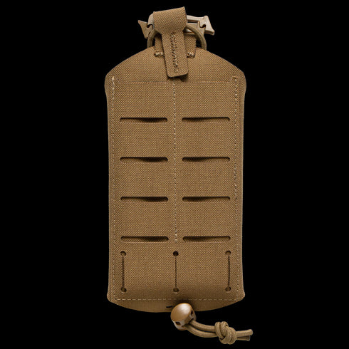 The Condor LACE Phone Pouch is a tan tactical case featuring horizontal laser-cut slots, a top flap with buckle closure, and a drawstring at the bottom.
