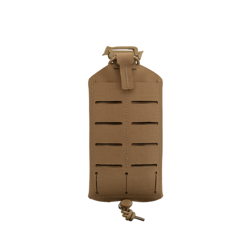 The Condor LACE Phone Pouch is a tan MOLLE-compatible pouch featuring a top buckle closure and an adjustable bottom cord, shown on a plain white background.