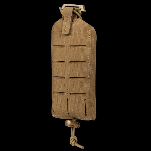 The Condor LACE Phone Pouch is a tan tactical pouch featuring vertical slots, buckle closure at the top, and an adjustable drawstring bottom for secure attachment to your gear.
