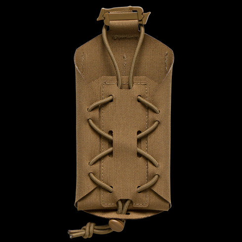 The Condor LACE Phone Pouch is a tan tactical pouch featuring elastic cord lacing on the front and a buckle closure at the top, designed to securely carry your phone or small gear.