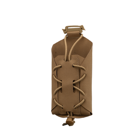 The Condor LACE Phone Pouch is a tan tactical pouch with a drawstring closure, top clip, and elastic cord lacing on the front.
