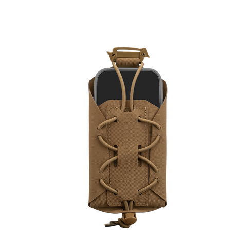 The Condor LACE Phone Pouch in brown, featuring a lace-up front, holds a partially visible black smartphone at the top against a plain white background.