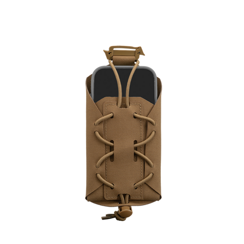 The Condor LACE Phone Pouch, a brown tactical pouch with a lace-up front, holds a smartphone and is displayed against a plain white background.
