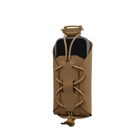 The Condor LACE Phone Pouch is a brown tactical pouch holding a black device, secured by tan elastic cords and a plastic buckle, shown on a plain white background.