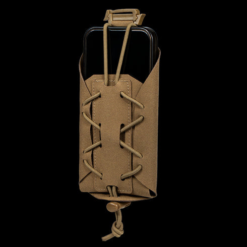 The Condor LACE Phone Pouch, in tan fabric with a laced bungee cord closure, holds a black smartphone and is displayed against a plain white background.