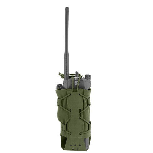 The Condor LACE Everything Pouch holds a tan water bottle in an olive green, adjustable nylon holder with a lace-up design and black screw-on cap.