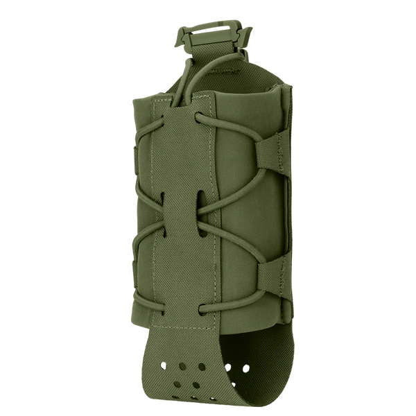 The Condor LACE Everything Pouch is an olive green tactical pouch with adjustable cords and a top buckle, designed to carry cylindrical items like water bottles.