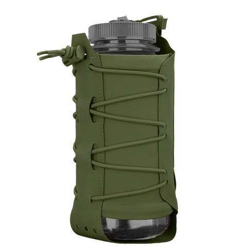 The Condor LACE Everything Pouch features a transparent water bottle with a gray lid, encased in an olive green fabric sleeve secured by crisscross lacing.