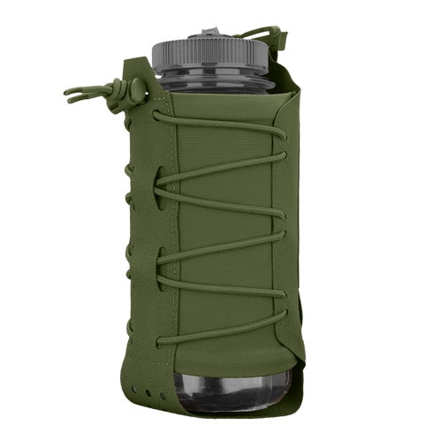 The Condor LACE Everything Pouch holds a clear plastic water bottle in a green, lace-up fabric holder with drawstring and loops.