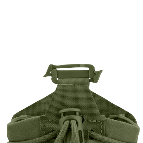 Close-up of the Condor LACE Everything Pouch’s olive green nylon strap with a plastic buckle and drawstring cord, set against a plain white background.