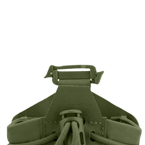 Close-up of the Condor LACE Everything Pouch’s olive green nylon strap with a plastic buckle and drawstring cord, set against a plain white background.