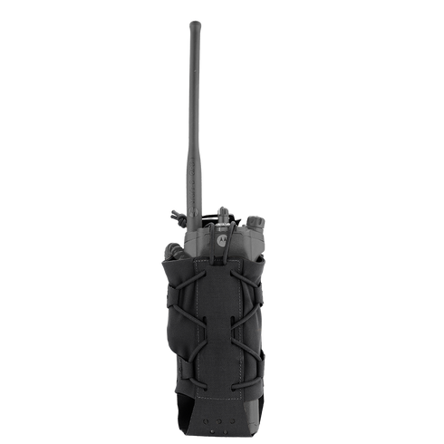 The LACE Everything Pouch by Condor, in black, features an adjustable lace-up design and a carrying handle—perfect for holding a tan water bottle.