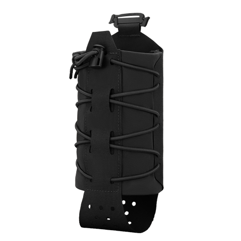 The Condor LACE Everything Pouch is a black tactical pouch with an adjustable bungee cord, buckle closure, and perforated strap, designed to carry small gear or bottles.