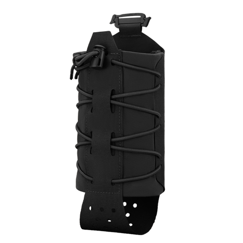 The Condor LACE Everything Pouch is a black tactical pouch with an adjustable bungee cord, buckle closure, and perforated strap, designed to carry small gear or bottles.