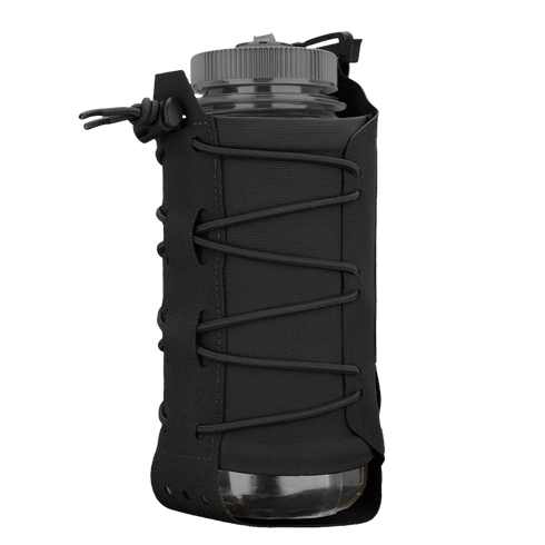 The Condor LACE Everything Pouch, shown in black, holds a clear plastic water bottle with a gray cap and features adjustable elastic lacing on the front.