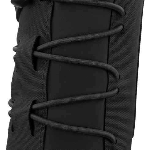 Close-up of the Condor LACE Everything Pouch showcasing black shoelaces threaded through eyelets on its durable black fabric.