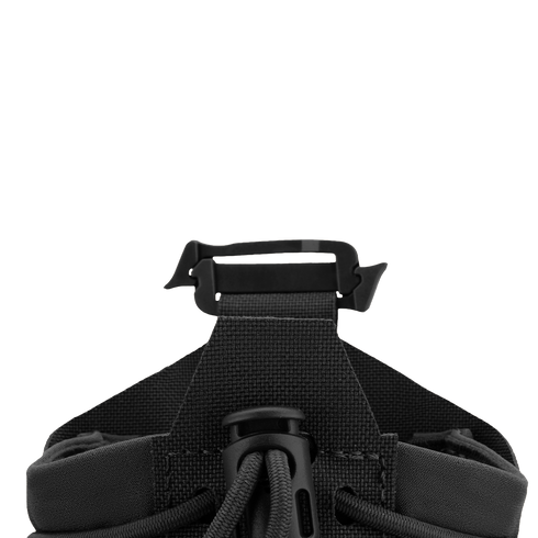 Close-up of the Condor LACE Everything Pouch's black drawstring fastening system featuring a plastic hook and fabric loops, set against a plain white background.