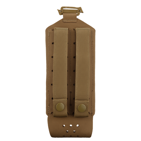 The Condor LACE Everything Pouch is a tan tactical pouch with two vertical straps and button closures on the back, designed for easy attachment to your gear or backpack.