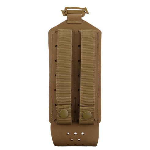 The Condor LACE Everything Pouch is a tan tactical pouch with two vertical straps and button closures on the back, designed for easy attachment to your gear or backpack.