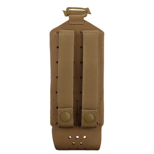 The Condor LACE Everything Pouch is a tan tactical pouch with two vertical straps and button closures on the back, designed for easy attachment to your gear or backpack.