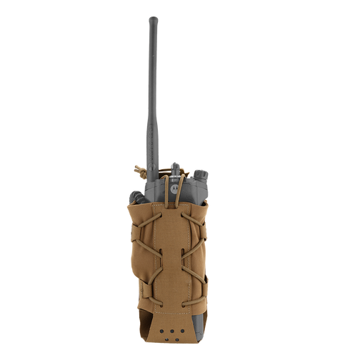 The Condor LACE Everything Pouch in tan, featuring lacing and a buckle, securely holds a water bottle with a dark lid.