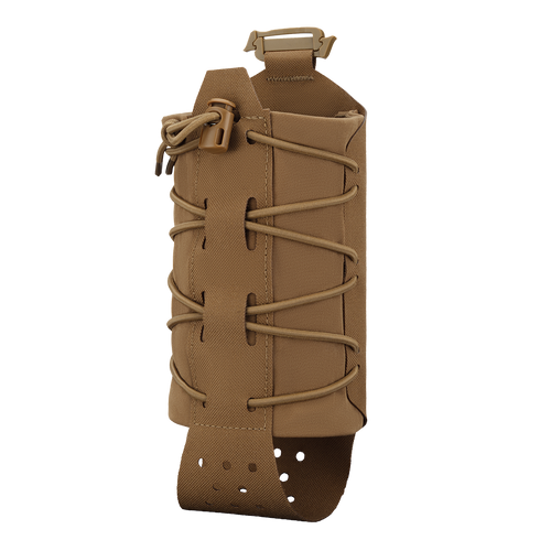 The Condor LACE Everything Pouch is a tan tactical pouch featuring adjustable bungee cord, buckle closure, and MOLLE-compatible straps, designed for holding magazines or similar items.