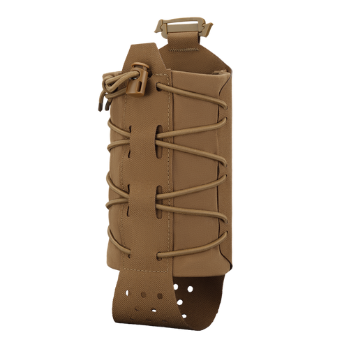 The Condor LACE Everything Pouch is a tan tactical pouch featuring adjustable bungee cord, buckle closure, and MOLLE-compatible straps, designed for holding magazines or similar items.
