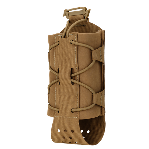 The Condor LACE Everything Pouch in Coyote Brown features adjustable bungee cords and a perforated bottom panel, designed for securely holding cylindrical objects or bottles.