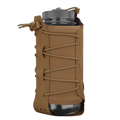 The Condor LACE Everything Pouch, in brown fabric with a lace-up design and snap closure, securely holds a clear water bottle with a grey lid.