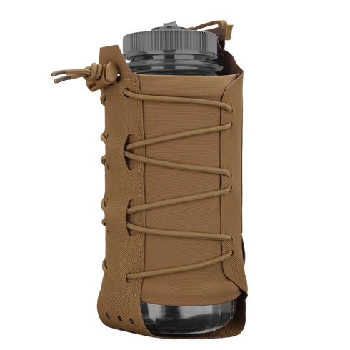 The Condor LACE Everything Pouch holds a clear water bottle with a gray screw-on lid, wrapped in tan fabric laced up the front, shown against a plain white background.